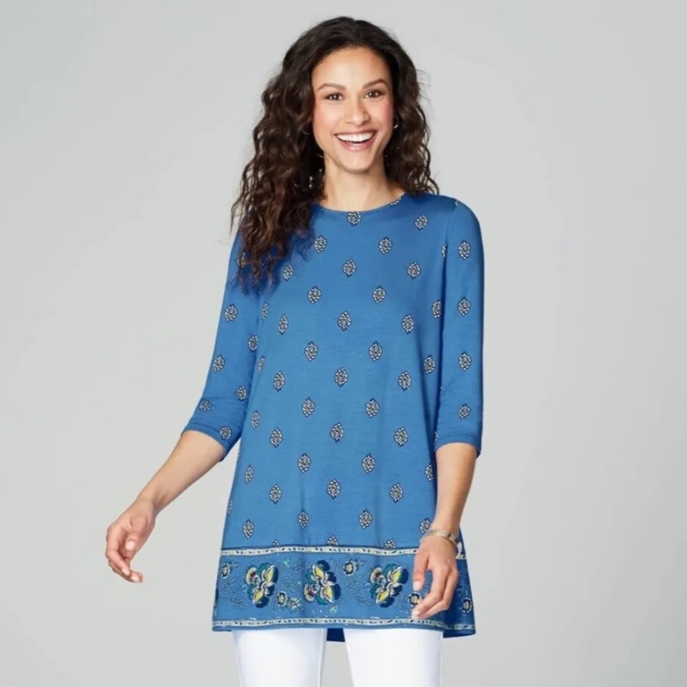 NEW J. Jill Floral Hem Blue Tunic Top